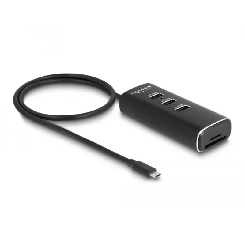 DeLOCK Hub USB de 3 puertos 10 Gbps con lector de tarjetas SD Micro SD Type-C cable de 60 cm