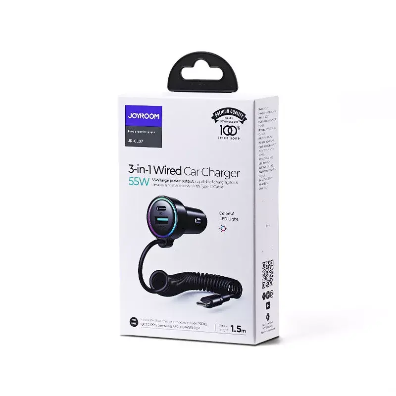 Cargador de coche Joyroom JR-CL07 3 en 1 60W con cable USB-C integrado 1,6 m, negro
