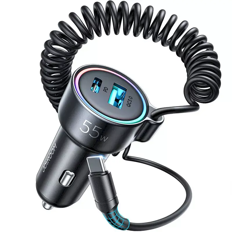 Cargador de coche Joyroom JR-CL07 3 en 1 60W con cable USB-C integrado 1,6 m, negro