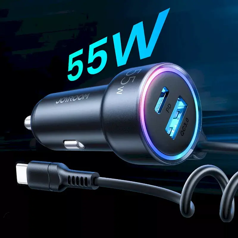 Cargador de coche Joyroom JR-CL07 3 en 1 60W con cable USB-C integrado 1,6 m, negro