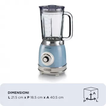 Ariete 583, Batidora vintage con jarra de cristal de 1,5 litros, 4 cuchillas de acero inoxidable, 4 velocidades + Pulse, 1000 vatios, azul