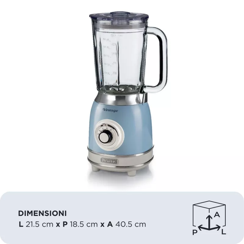 Ariete 583, Batidora vintage con jarra de cristal de 1,5 litros, 4 cuchillas de acero inoxidable, 4 velocidades + Pulse, 1000 vatios, azul
