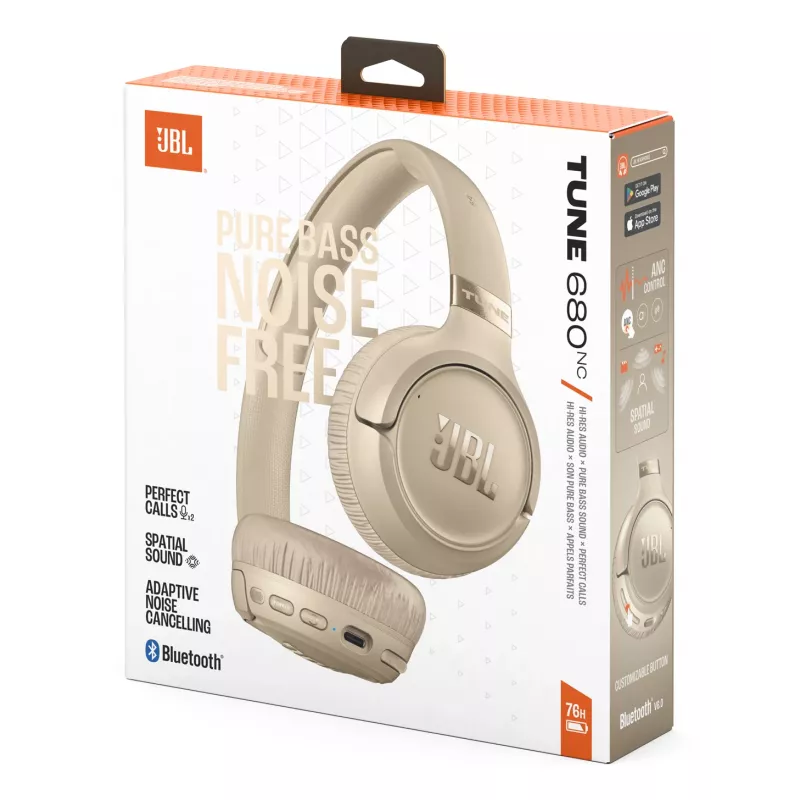 Auriculares JBL Tune 680NC, con cable e inalámbricos (Bluetooth, USB-C), circumaurales, diadema, beige, 20–20000 Hz, 161 g