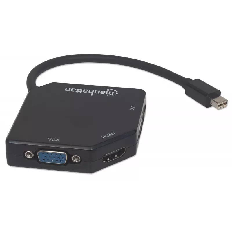 Manhattan cable adaptador Mini DisplayPort 1.2 a HDMI, DVI y VGA (3 en 1), 25 cm, negro, conector macho a conector hembra, pasivo, HDMI 4K@30Hz, VGA y DVI 1080p@60Hz, equivalente a MDP2VGDVHD, compatible con DVI-D, tres años de garantía, blister
