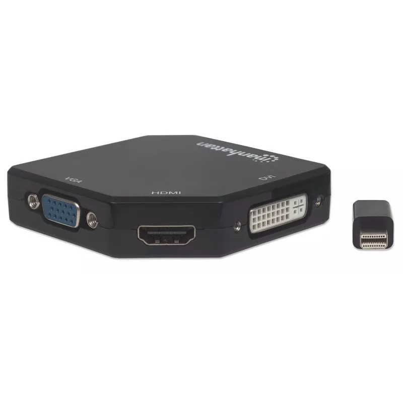Manhattan cable adaptador Mini DisplayPort 1.2 a HDMI, DVI y VGA (3 en 1), 25 cm, negro, conector macho a conector hembra, pasivo, HDMI 4K@30Hz, VGA y DVI 1080p@60Hz, equivalente a MDP2VGDVHD, compatible con DVI-D, tres años de garantía, blister