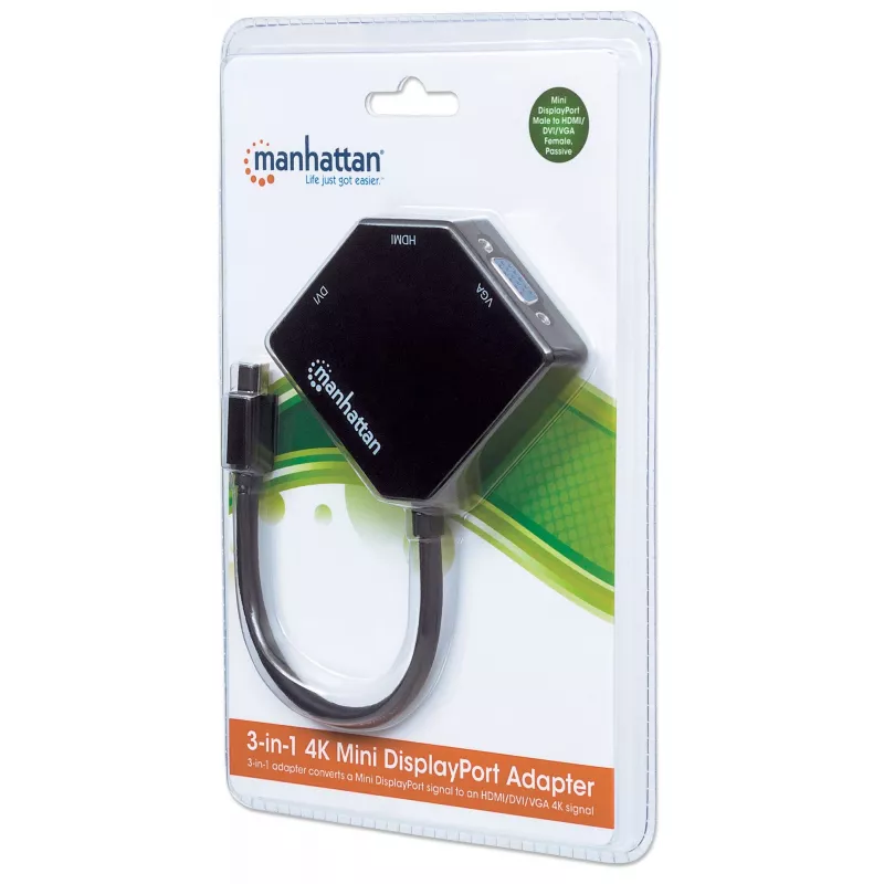 Manhattan cable adaptador Mini DisplayPort 1.2 a HDMI, DVI y VGA (3 en 1), 25 cm, negro, conector macho a conector hembra, pasivo, HDMI 4K@30Hz, VGA y DVI 1080p@60Hz, equivalente a MDP2VGDVHD, compatible con DVI-D, tres años de garantía, blister