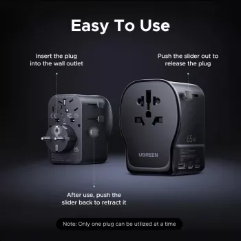 Cargador de interior AC para dispositivos móviles UGREEN 55001 — 2× USB-C, 100–240 V, carga rápida, negro/gris