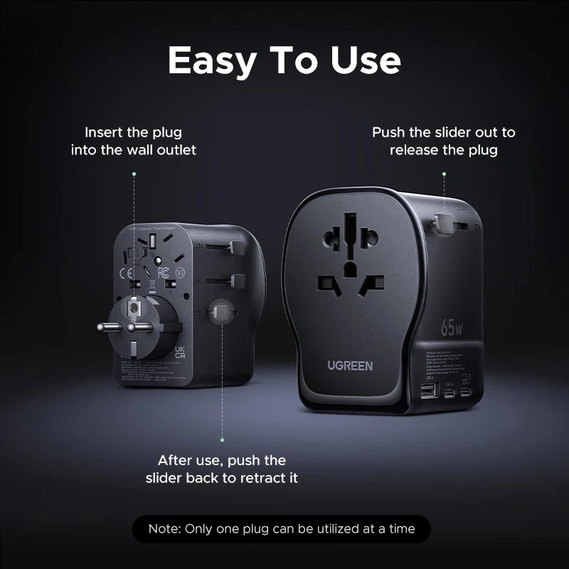 UGREEN S550 adaptador de viaje universal 65W, 2x USB-C + USB-A, 55001