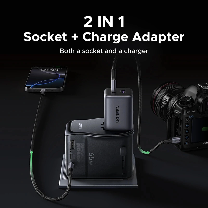 UGREEN S550 adaptador de viaje universal 65W, 2x USB-C + USB-A, 55001