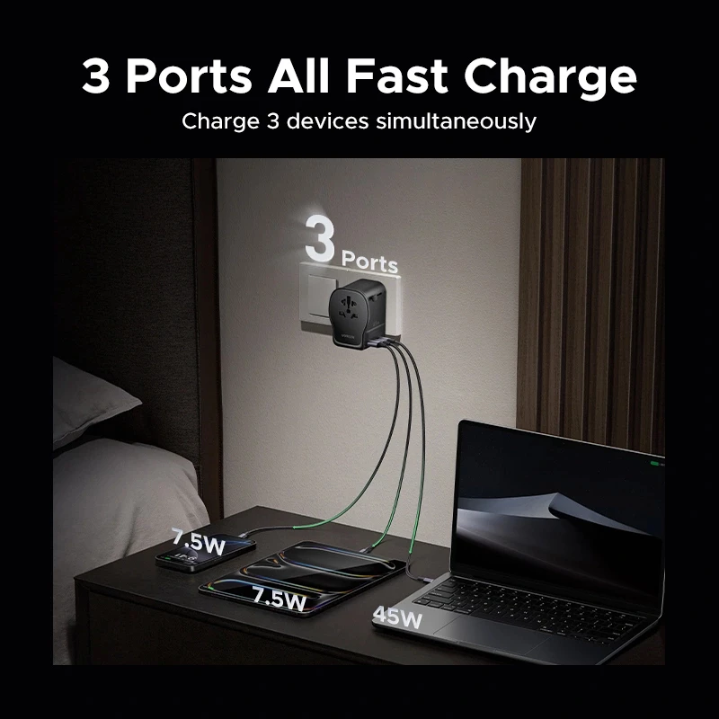 UGREEN S550 adaptador de viaje universal 65W, 2x USB-C + USB-A, 55001