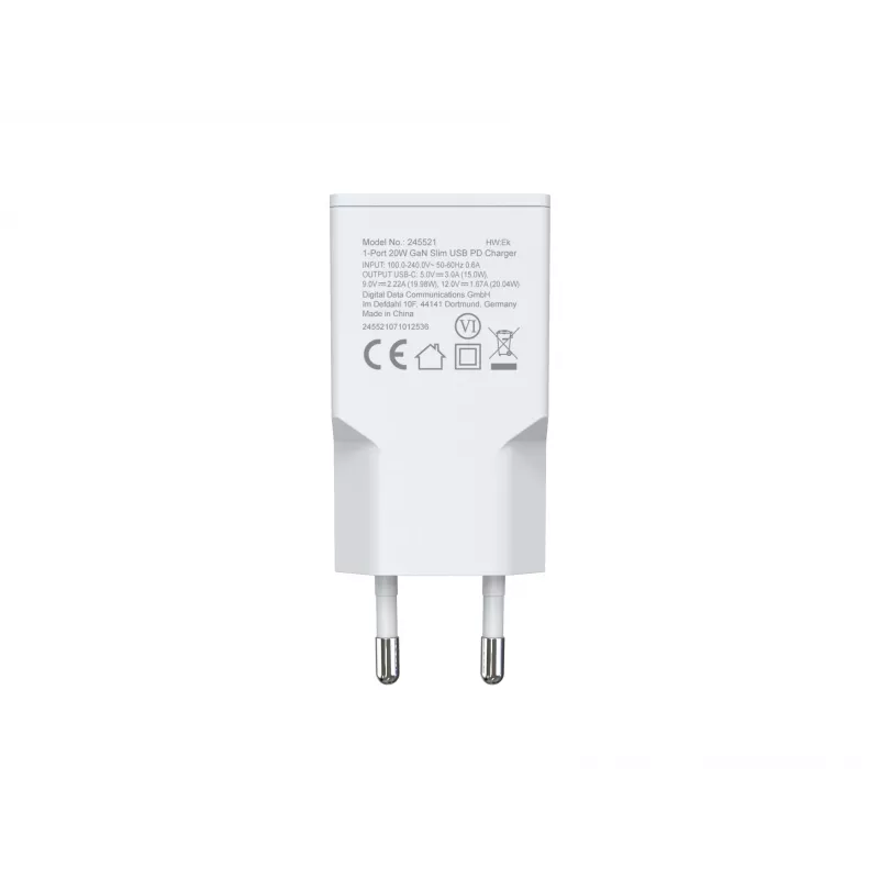 Cargador de pared EQUIP 1 puerto 20W GaN USB-C PD — entrada 100–240V, salida máx. 12V, blanco