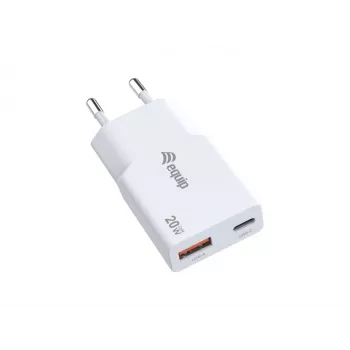 Cargador EQUIP 2 puertos 20W GaN delgado USB PD — USB-C x1, USB-A x1, entrada 100–240V, salida máx. 12V, blanco