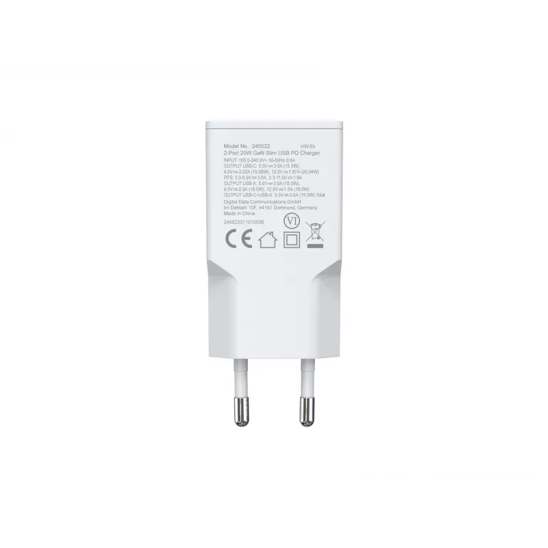Cargador EQUIP 2 puertos 20W GaN delgado USB PD — USB-C x1, USB-A x1, entrada 100–240V, salida máx. 12V, blanco