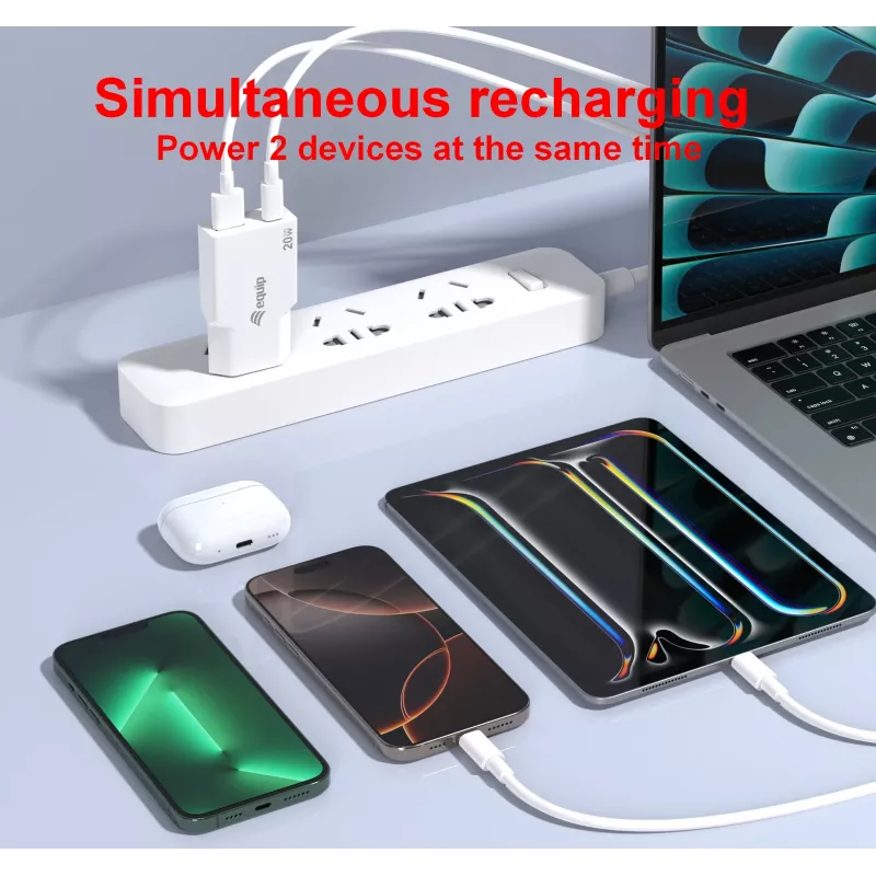 Cargador EQUIP 2 puertos 20W GaN delgado USB PD — USB-C x1, USB-A x1, entrada 100–240V, salida máx. 12V, blanco