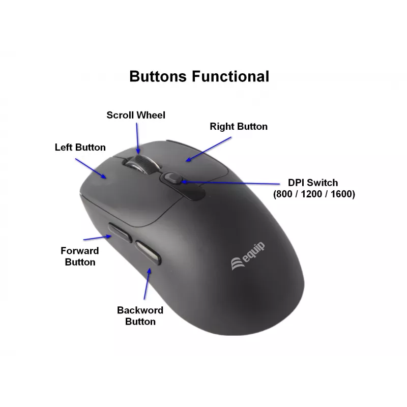 Ratón inalámbrico EQUIP ambidiestro de 6 botones dual mode, óptico 1600 DPI, RF + Bluetooth, negro