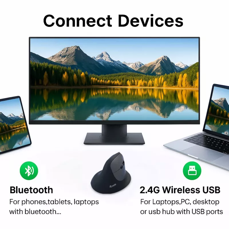 Ratón inalámbrico vertical ergonómico EQUIP para diestros, 1600 DPI, RF Wireless + Bluetooth, recargable, 6 botones, negro