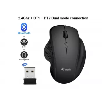 Ratón inalámbrico recargable dual mode EQUIP de 6 botones — para diestros, óptico 1600 DPI, RF Wireless + Bluetooth, negro