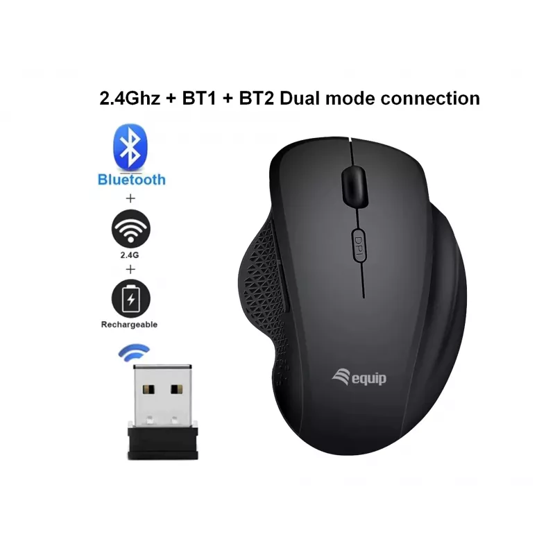 Ratón inalámbrico recargable dual mode EQUIP de 6 botones — para diestros, óptico 1600 DPI, RF Wireless + Bluetooth, negro