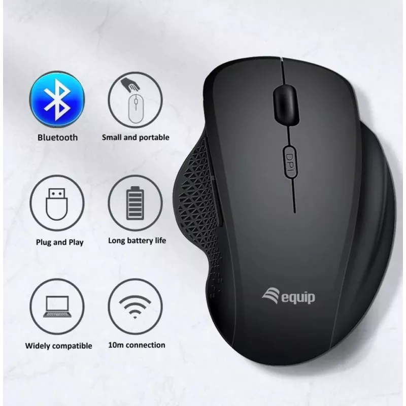 Ratón inalámbrico recargable dual mode EQUIP de 6 botones — para diestros, óptico 1600 DPI, RF Wireless + Bluetooth, negro