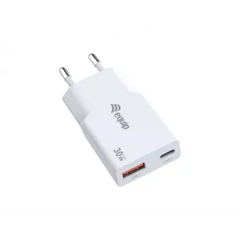 Cargador EQUIP 2 puertos 30W GaN delgado USB PD — USB-C x1, USB-A x1, entrada 100–240V, salida máx. 20V, blanco