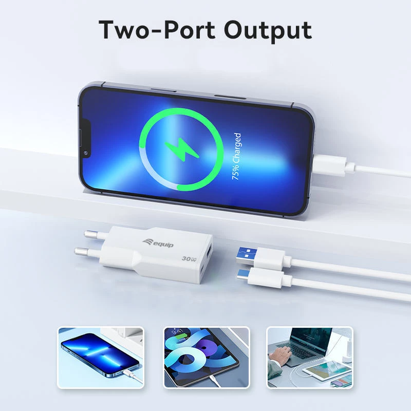 Cargador EQUIP 2 puertos 30W GaN delgado USB PD — USB-C x1, USB-A x1, entrada 100–240V, salida máx. 20V, blanco
