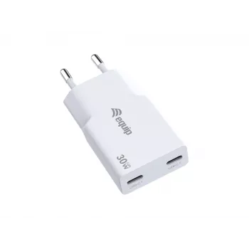 Cargador EQUIP 2 puertos 30W GaN delgado USB-C PD — 2 conectores USB-C, entrada 100–240 V, salida máx. 20 V, blanco