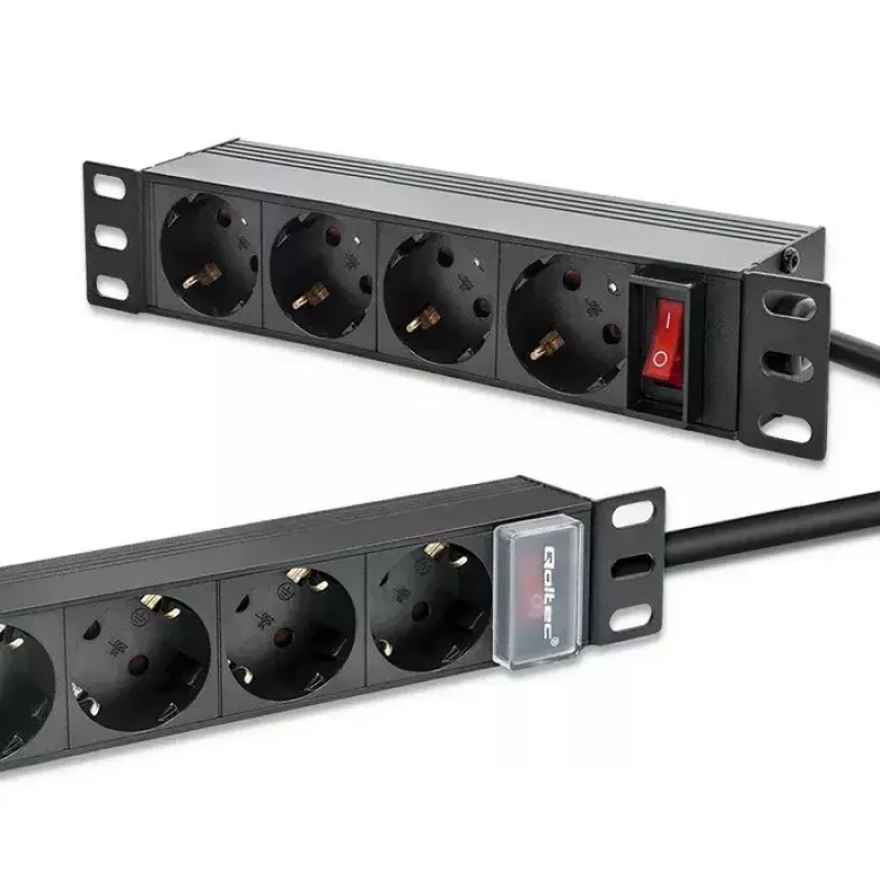 Regleta de enchufes QOLTEC 54603 — montaje en rack 1U, entrada 16A, 4 tomas de contacto de protección