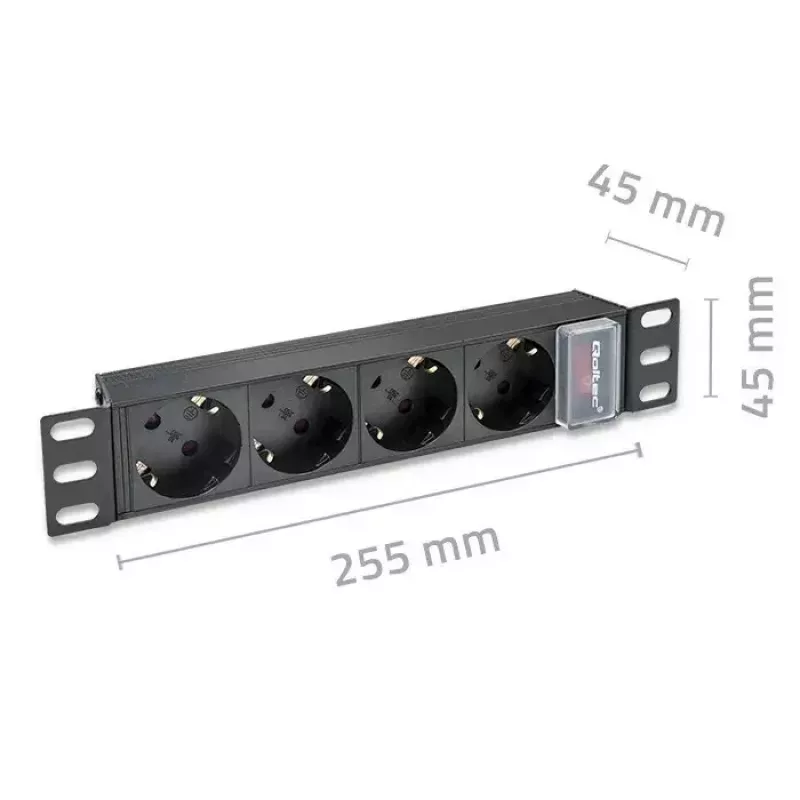 Regleta de enchufes QOLTEC 54603 — montaje en rack 1U, entrada 16A, 4 tomas de contacto de protección
