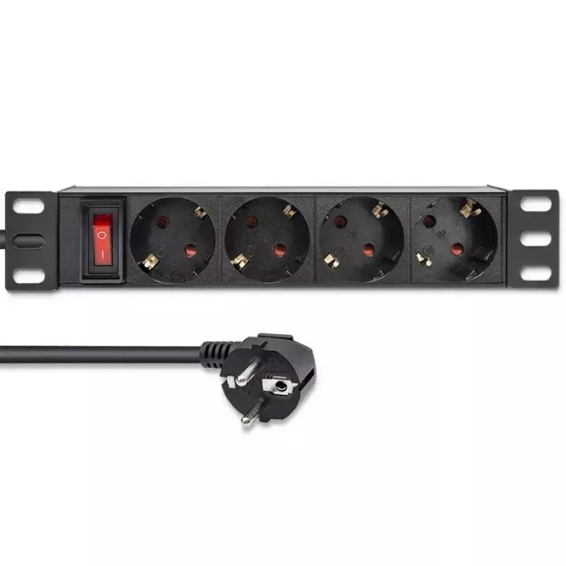 Regleta de enchufes QOLTEC 54603 — montaje en rack 1U, entrada 16A, 4 tomas de contacto de protección