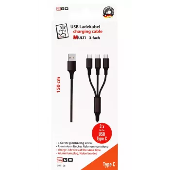 Cable USB 2GO 797156 1,5 m USB B 3 x USB C Negro