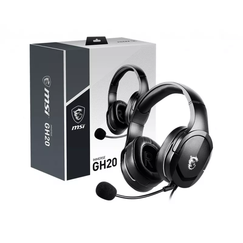 Auriculares gaming MSI IMMERSE GH20 '3,5-mm-Inline con accesorio divisor de audio, Negro, controladores de 40 mm, micrófono unidireccional, compatibilidad con PC y multiplataforma'