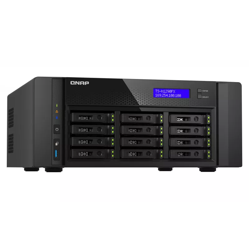 NAS Torre QNAP TS-h1290FX — EPYC 7302P 3,0 GHz, 128 GB DDR4, 12 bahías, QuTS hero, negro