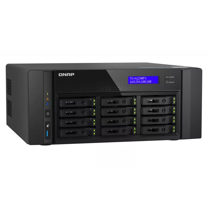 NAS Torre QNAP TS-h1290FX — EPYC 7302P 3,0 GHz, 128 GB DDR4, 12 bahías, QuTS hero, negro