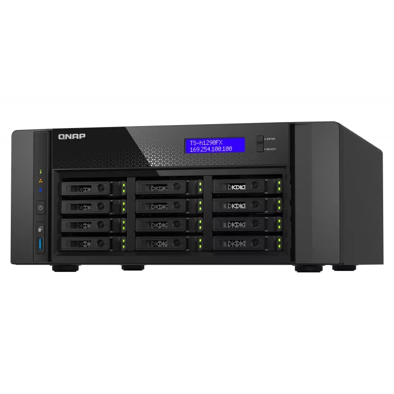 NAS Torre QNAP TS-h1290FX — EPYC 7302P 3,0 GHz, 128 GB DDR4, 12 bahías, QuTS hero, negro