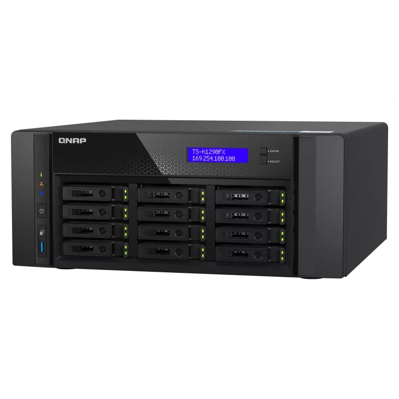 NAS Torre QNAP TS-h1290FX — EPYC 7302P 3,0 GHz, 128 GB DDR4, 12 bahías, QuTS hero, negro