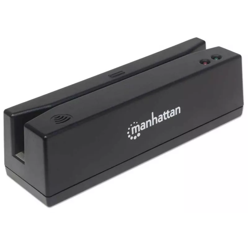 Manhattan Lector de tarjetas de banda magnética USB-A, lector de tres pistas, decodificador de teclado, cable 1,5 m, Negro, tres años de garantía