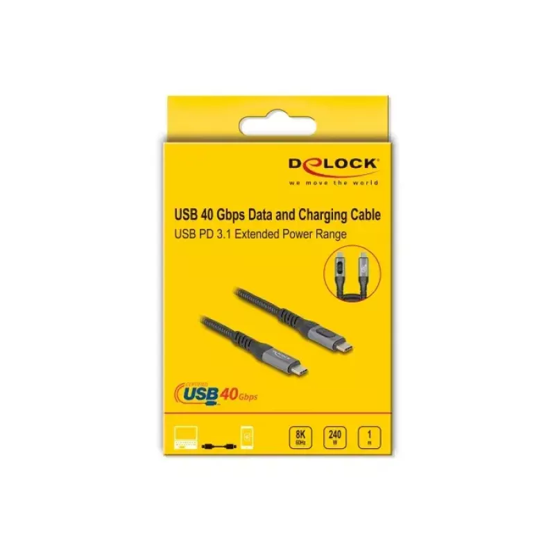 Cable coaxial de datos y carga rápida DeLOCK USB 40 Gbps 1 m USB PD 3.1 240 W