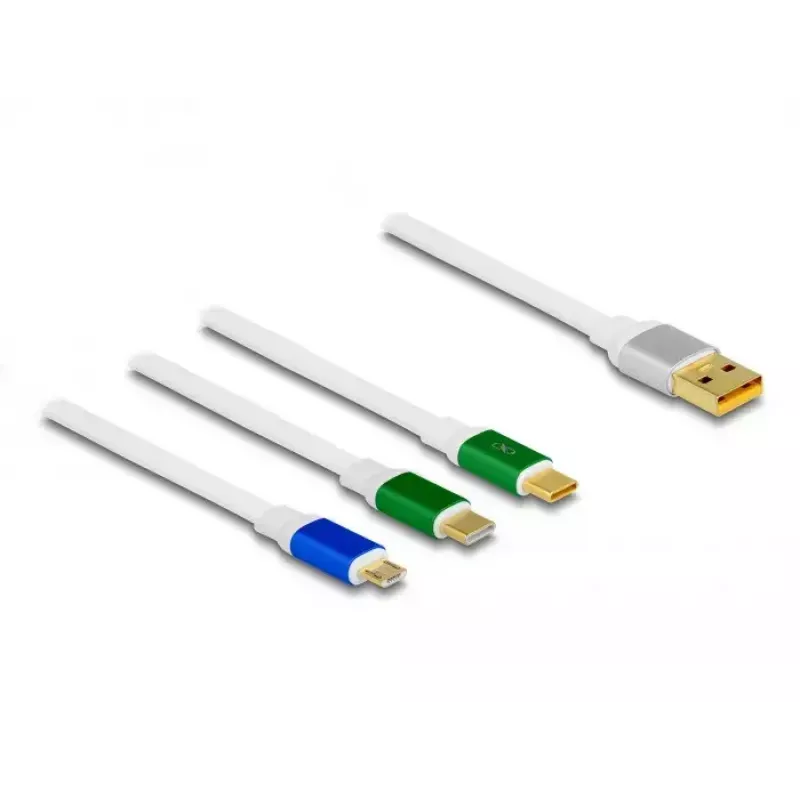 Cable de carga retráctil 3 en 1 DeLOCK Type-A a Micro USB / 2 x USB Type-C carga rápida 1,13 m