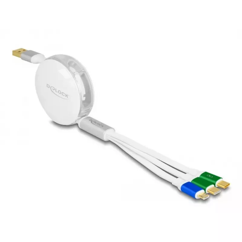 Cable de carga retráctil 3 en 1 DeLOCK Type-A a Micro USB / 2 x USB Type-C carga rápida 1,13 m
