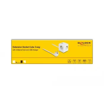 DeLOCK 11497 Cubo de enchufes de 3 tomas con cable alargador de 1,5 m, cargador USB, protección infantil, blanco