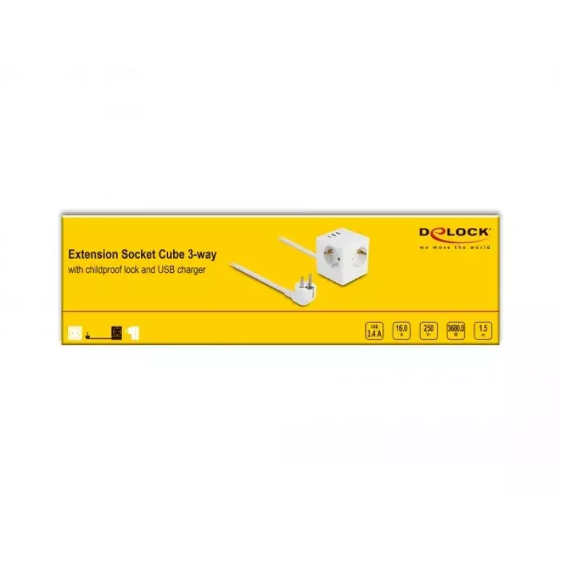 DeLOCK 11497 Cubo de enchufes de 3 tomas con cable alargador de 1,5 m, cargador USB, protección infantil, blanco