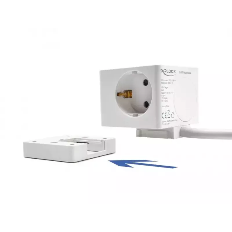 DeLOCK 11497 Cubo de enchufes de 3 tomas con cable alargador de 1,5 m, cargador USB, protección infantil, blanco