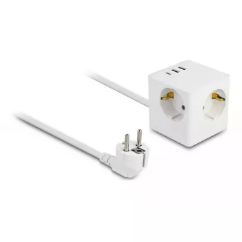 DeLOCK 11497 Cubo de enchufes de 3 tomas con cable alargador de 1,5 m, cargador USB, protección infantil, blanco