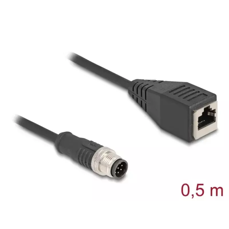 Cable de red DeLOCK M12 A-codificado 8 polos conector macho a conector hembra RJ45 Cat5e 0,5 m negro