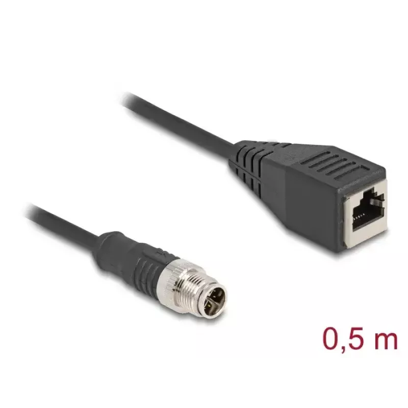 Cable DeLOCK M12 X-codificado 8 pines conector macho a conector hembra RJ45 Cat5e 0,5 m negro