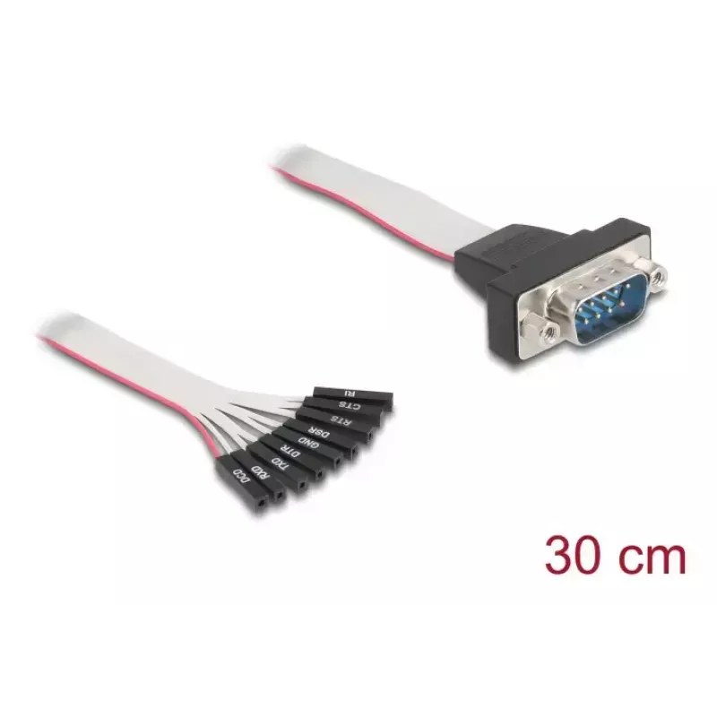 Cable plano RS-232 DELOCK conector hembra de 9 polos a conector macho D-Sub de 9 polos con tuercas, 30 cm, negro/gris
