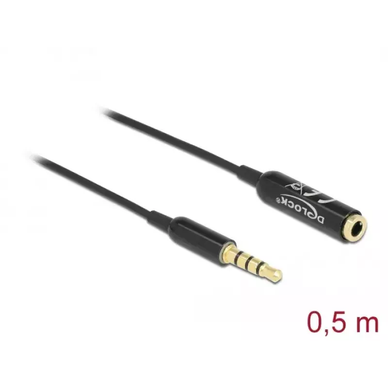 Cable de extensión de audio DeLOCK 66074 3,5 mm 4 contactos conector macho a conector hembra ultra fino 0,5 m negro
