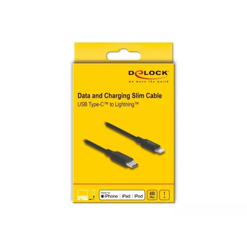 Cable DELOCK USB-C a Lightning fino 1 m, Lightning ↔ USB-C, 9 V 3 A, 3,3 mm, MFi