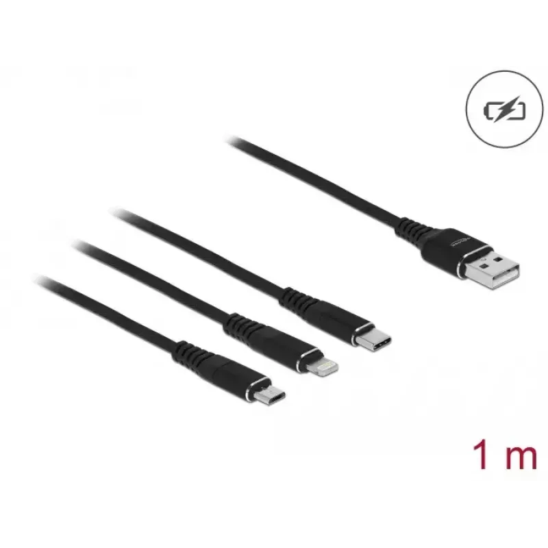 Cable de carga USB DeLOCK 3 en 1 Type-A a Lightning Micro-USB USB Type-C 1 m negro