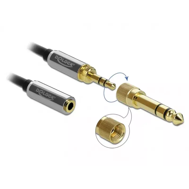 Cable de extensión de audio DELOCK 85831 — 1 m, 3,5 mm conector macho a conector hembra, contactos dorados, AWG 28, negro